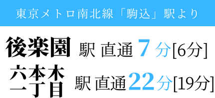 東京メトロ「駒込」駅より後楽園駅、直通 6分[7分]、六本木一丁目駅 直通19分[22分]